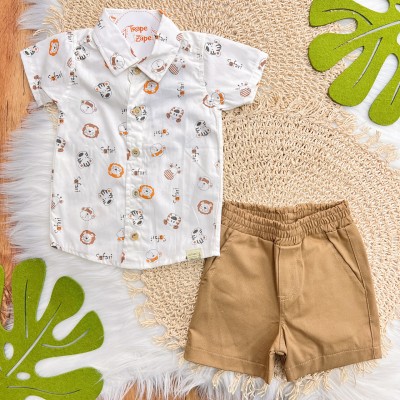 Conj. Camisa Safari e Bermuda em Sarja - Off White e Laranja